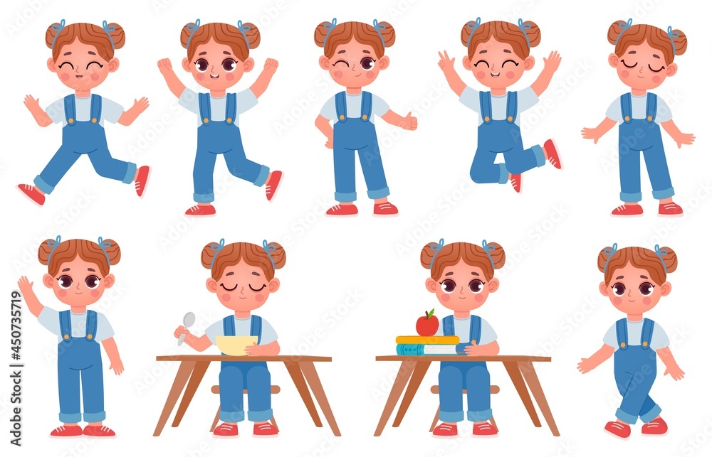 Cartoon little kid girl character poses and expressions. School child sit at table with books. Cute girls walk, run, jump and eat vector set