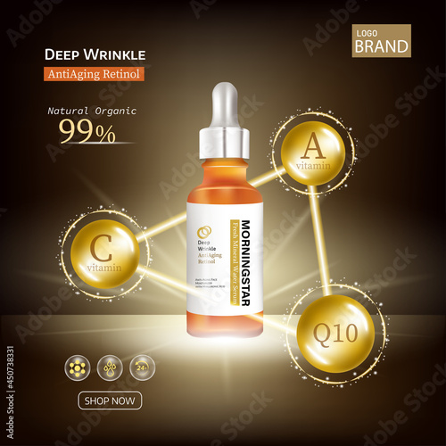 Gold oil serum skincare treatment. Elements with precious oil, coenzyme Q10 and cosmetic bottle  on premium background.