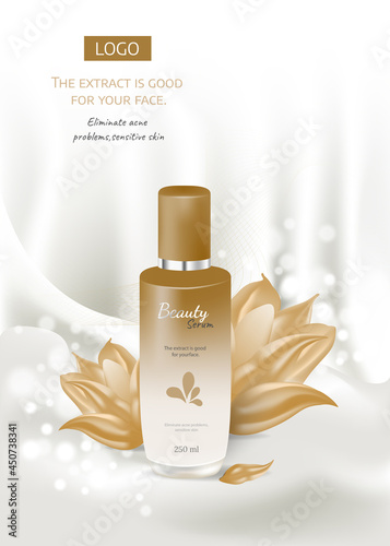 Cosmetic ads moisturizing serum. Light beige silk fabric water  flower  blossom. 3d realistic package mock up poster banner template vector illustration