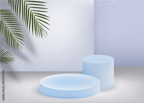 Realistic blue product podium with coconut leave round arch  palm leaf