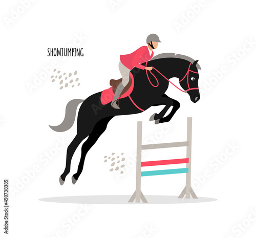 Equestrian sports. Show jumping. Vector flat illustration isolated on white background