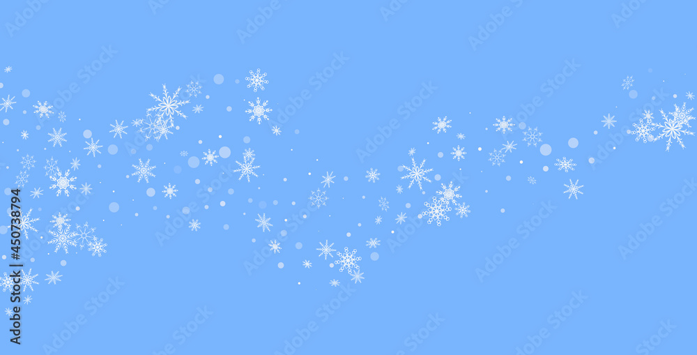 White delicate openwork snowflakes are scattered on a blue background. Festive background, postcard design, wallpaper White delicate openwork snowflakes are scattered on a blue background. Festive background, postcard design, wallpaper