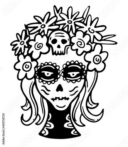 Vector illustration of a girl's face decorated. Day of the Dead. Mexico. hand drawing, doodle