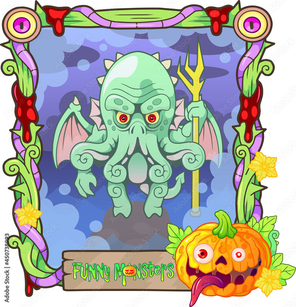 cartoon scary sea monster, funny illustration