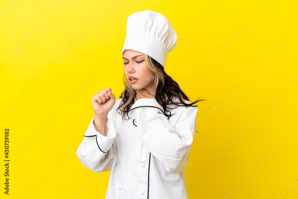 Young Russian chef girl isolated on yellow background is suffering with cough and feeling bad Young Russian chef girl isolated on yellow background is suffering with cough and feeling bad