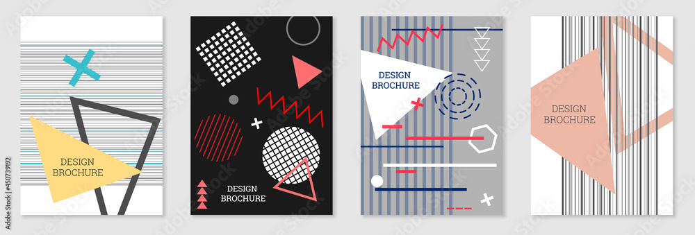 Set of cover design in Memphis style. Geometric design, abstract background. Fashionable bright cover, banner, poster, booklet. Creative colors. Set of cover design in Memphis style. Geometric design, abstract background. Fashionable bright cover, banner, poster, booklet. Creative colors.
