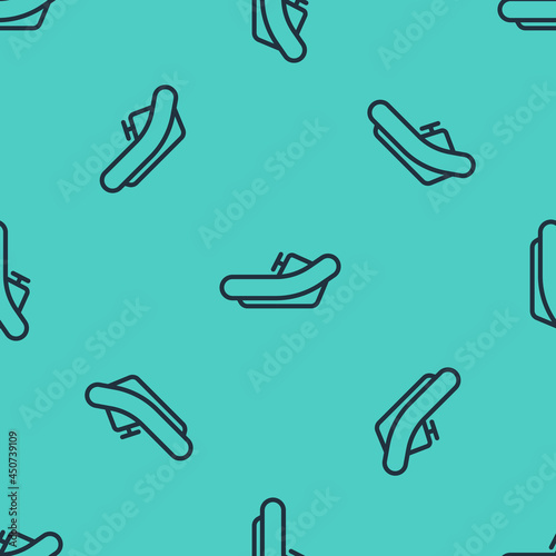 Black line Rafting boat icon isolated seamless pattern on green background. Inflatable boat with paddles. Water sports, extreme sports, holiday, vacation. Vector