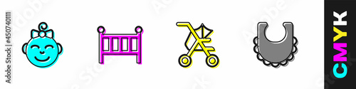 Set Little girl head, Baby crib cradle bed, stroller and bib icon. Vector