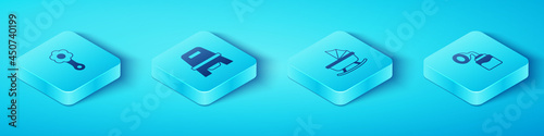 Set Isometric Rattle baby toy, Baby potty, Breast pump and stroller icon. Vector