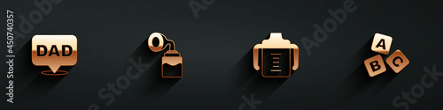 Set Speech bubble dad, Breast pump, Baby bottle and ABC blocks icon with long shadow. Vector