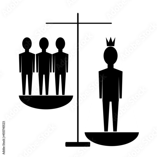 The concept in the form of a silhouette depicts the opinion of a person with narcissistic disorder. On the scales are people on one side of the collective and on the other a man in a crown.