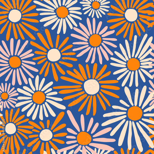 Various Flowers. Abstract blossom, bloom. Hand drawn trendy Vector illustration. Floral design, Naive art. Colorful square seamless Pattern. Poster, print template. Background, wallpaper