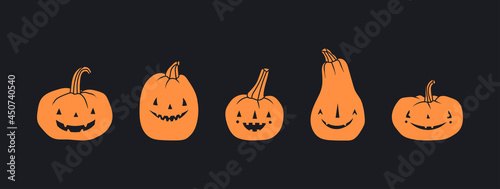 Different Pumpkins. Main symbol of the happy holiday of Halloween. Orange pumpkin with various funny faces. Template For your design. Hand drawn trendy Vector illustration. All elements are isolated
