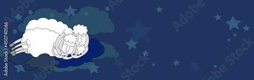 Horizontal banner sheep sleep embracing on the clouds in the clouds and among the stars. World sleep day and the concept of good sleep, fairy dreams, dreams and magic.