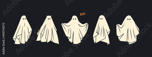 Set of cloth Ghosts. Flying Phantoms. Halloween scary ghostly monsters. Cute cartoon spooky characters. Holiday Silhouettes. Hand drawn trendy Vector illustration. All elements are isolated photo