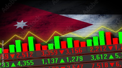 Jordan Realistic Flag, Stock Market Chart, Neon Effect Zigzag Line, Old Worn Fabric Texture Effect, 3D Illustration