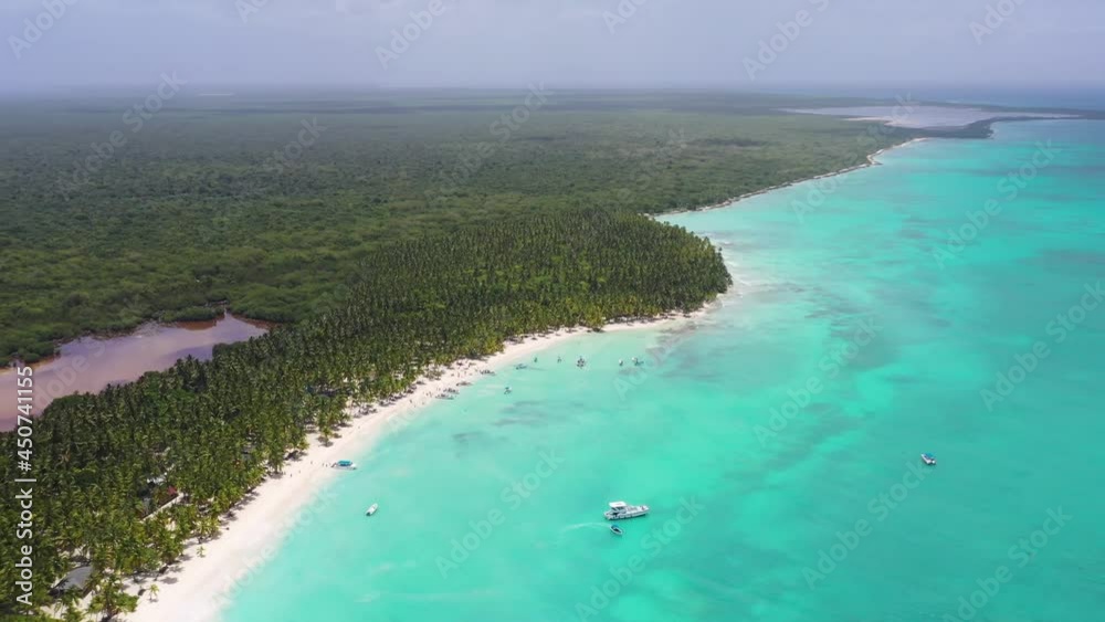 Playa del Gato in Saona Island Dominican republic, with boats and tourists in the Caribbean waters, Aerial top view dolly out shot Playa del Gato in Saona Island Dominican republic, with boats and tourists in the Caribbean waters, Aerial top view dolly out shot
