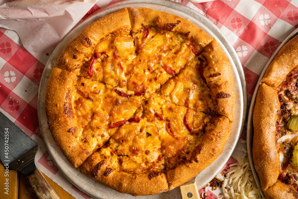 Buffalo chicken pizza overhead Buffalo chicken pizza overhead