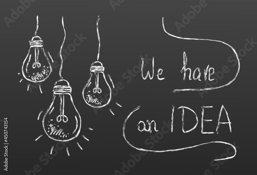 Simple white childish hand drawing linear lightbulbs on dark grey background. We have an idea lettering for creative template use. Flat cartoon vector illustration