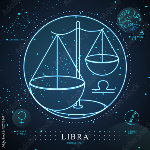 Modern magic witchcraft card with astrology Libra zodiac sign. Neon scales illustration. zodiac characteristic