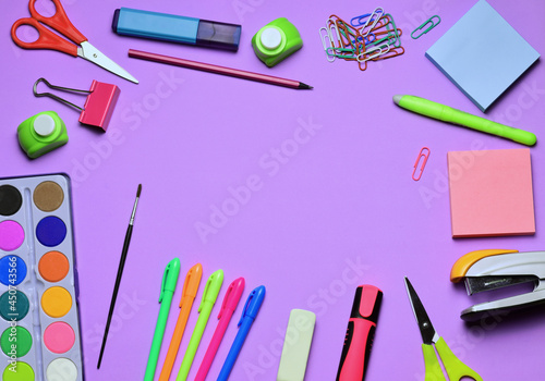 School supplies, various accessories. Back to school. Education, learning and material concept.