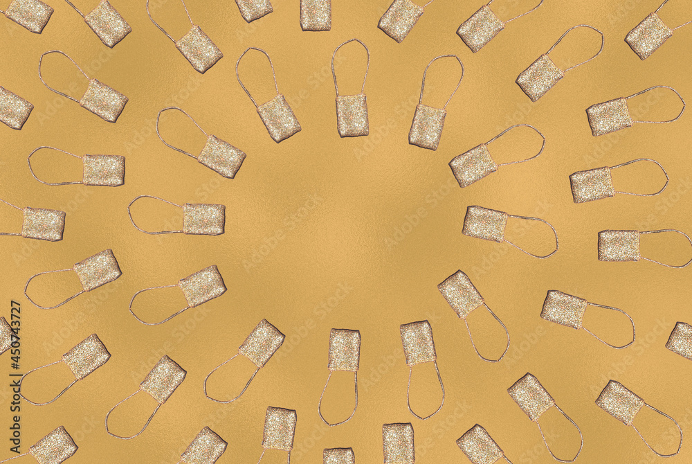 Golden foil texture background with small golden glitter bags. Minimal abstract party and fashion concept.