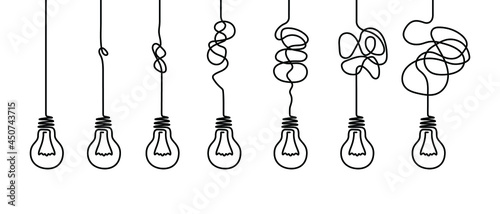 Concept of problem solving or difficult a task. Hanging light bulbs with a tangled cable. Vector illustration