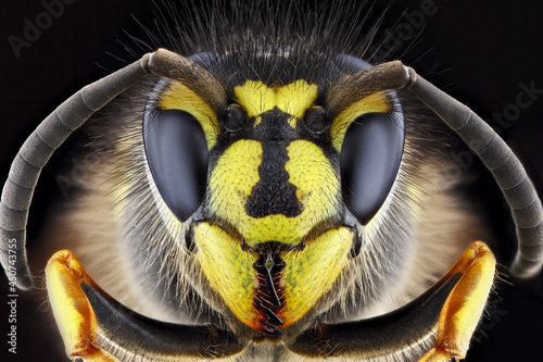 Super macro portrait of a wasp on a black background. Full-face macro photography. Large depth of field and a lot of details of the insect.