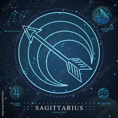 Modern magic witchcraft card with astrology Sagittarius neon zodiac sign. Neon Bow and arrow illustration. Zodiac characteristic