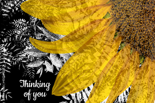 Thinking of you - card.  black and white leaves. 