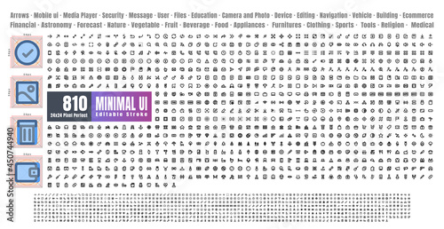 24x24 Pixel Perfect. Basic User Interface Essential Set. 810 Line Outline Icons. For App, Web, Print. Editable Stroke. 2 Pixel Stroke Wide with Round Cap and Round Corner.