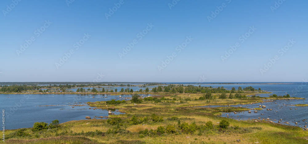 panorama view of the coastal islands of the Kvarken Archipelago under a blue sky