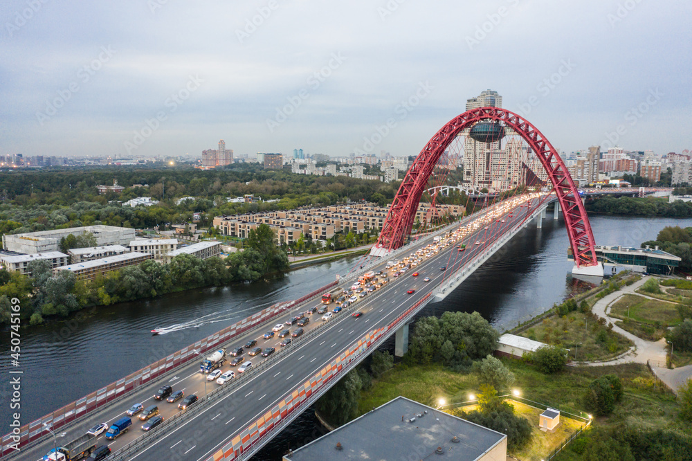 Panoramic view of Moscow on a summer evening, Russia. Picturesque region in the north-west of Moscow city. Zhivopisny bridge across the Moscow river. Panoramic view of Moscow on a summer evening, Russia. Picturesque region in the north-west of Moscow city. Zhivopisny bridge across the Moscow river.