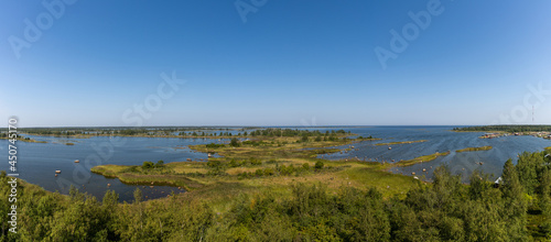 panorama view of the coastal islands of the Kvarken Archipelago under a blue sky