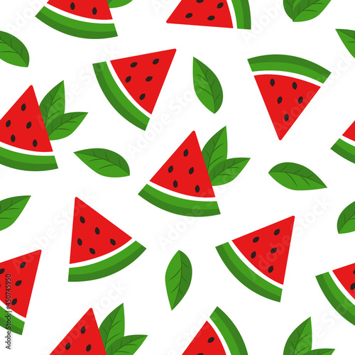 Seamless pattern with slices of watermelon and mint on a white background. Vector illustration