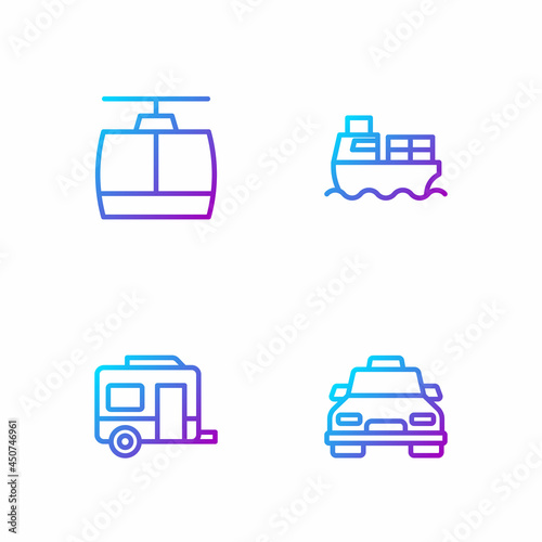 Set line Taxi car, Rv Camping trailer, Cable and Cargo ship with boxes delivery. Gradient color icons. Vector