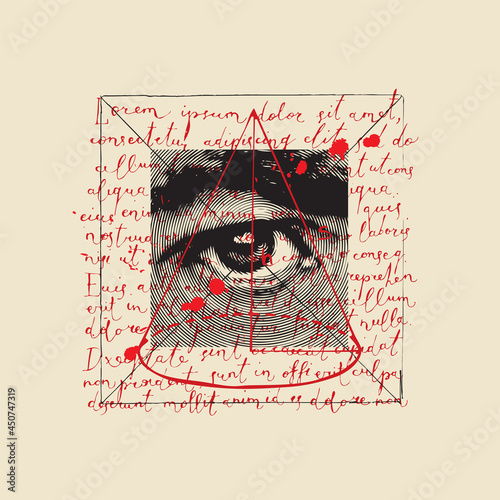 A square banner with a black-white human eye, a red hand-drawn cone and handwritten text Lorem ipsum with bloody blots. Abstract vector illustration in retro style