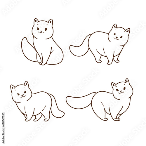 Funny full cat in different poses in cartoon style. White fluffy cat. Cartoon vector illustration.