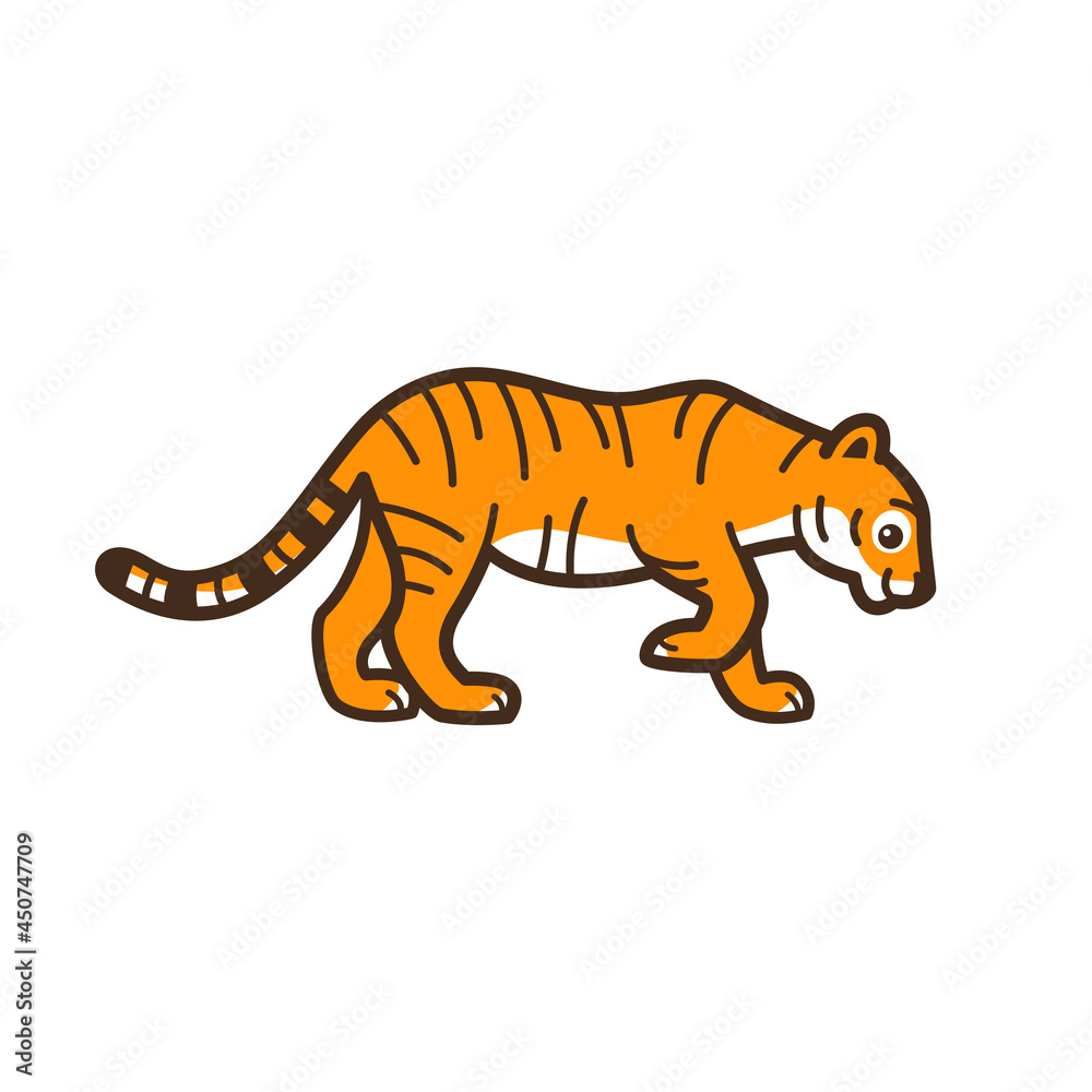 Obraz premium Cute tiger - cartoon animal character. Contour vector illustration.