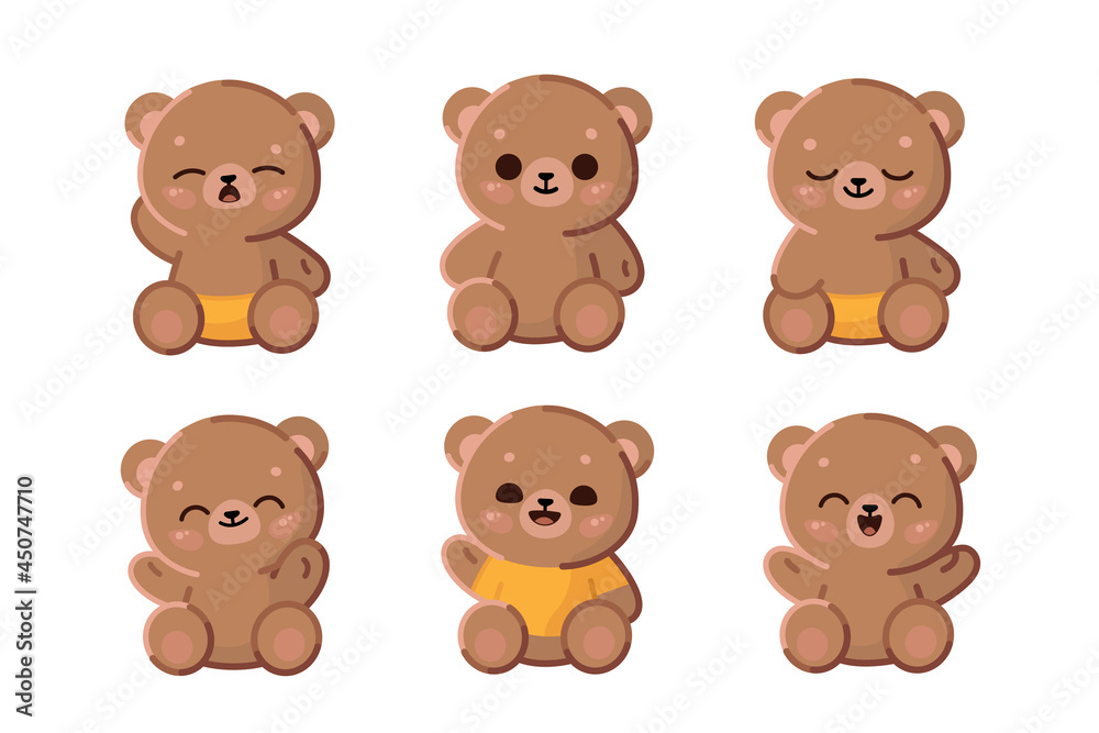 Сhildren's stuffed toy. Set of plush bear. Cartoon vector illustration for prints, clothing, packaging, stickers.