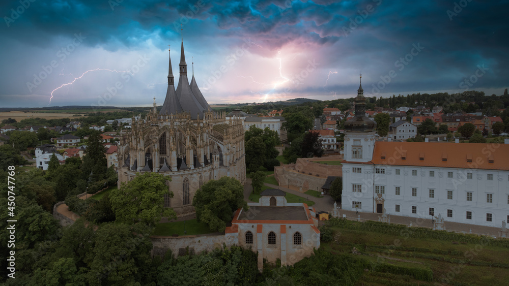 Aerial Kutna Hora town cityscape, vineyard, gothic church of St. Barbara