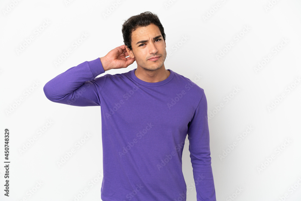 Caucasian handsome man over isolated white background having doubts Caucasian handsome man over isolated white background having doubts