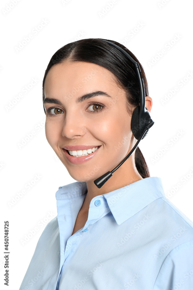 Beautiful young consulting manager with headset on white background Beautiful young consulting manager with headset on white background