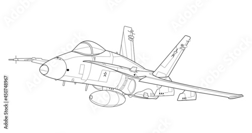 Adult military aircraft coloring page for book and drawing. Vector illustration. Airplane. War-plane. Vehicle. Graphic element. Plane. Black contour sketch illustrate Isolated on white background.