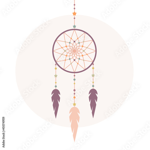 Colorful boho illustration of Indian Dream Catcher. Flat boho style. American Indians amulet.