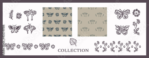 Seamless background carved butterfly bug set of 2 patterns with motif and border. Rustic babies silhouette illustration background. Collection of modern beige scandi style. Soft textile fashion. 