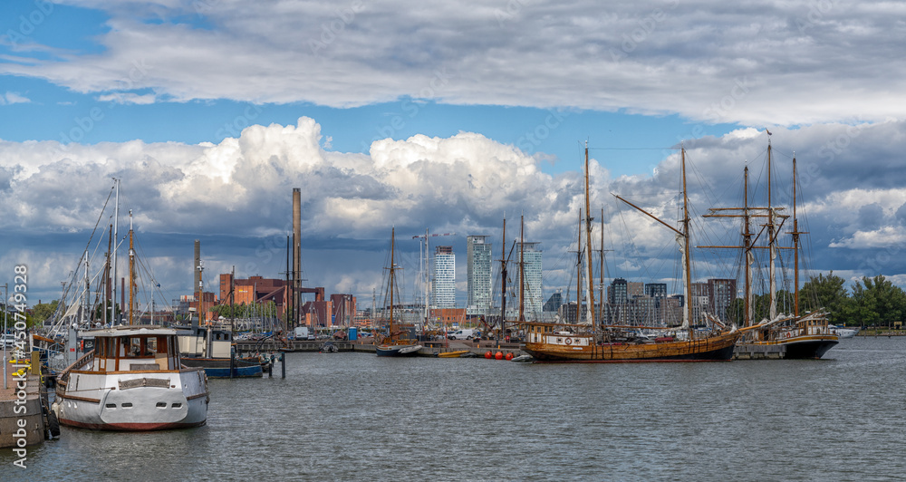 many old sailboats moored in the harbor of Helsinki in southern Finland