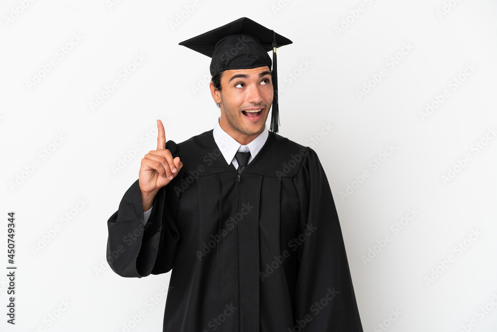 Young university graduate over isolated white background intending to realizes the solution while lifting a finger up Young university graduate over isolated white background intending to realizes the solution while lifting a finger up