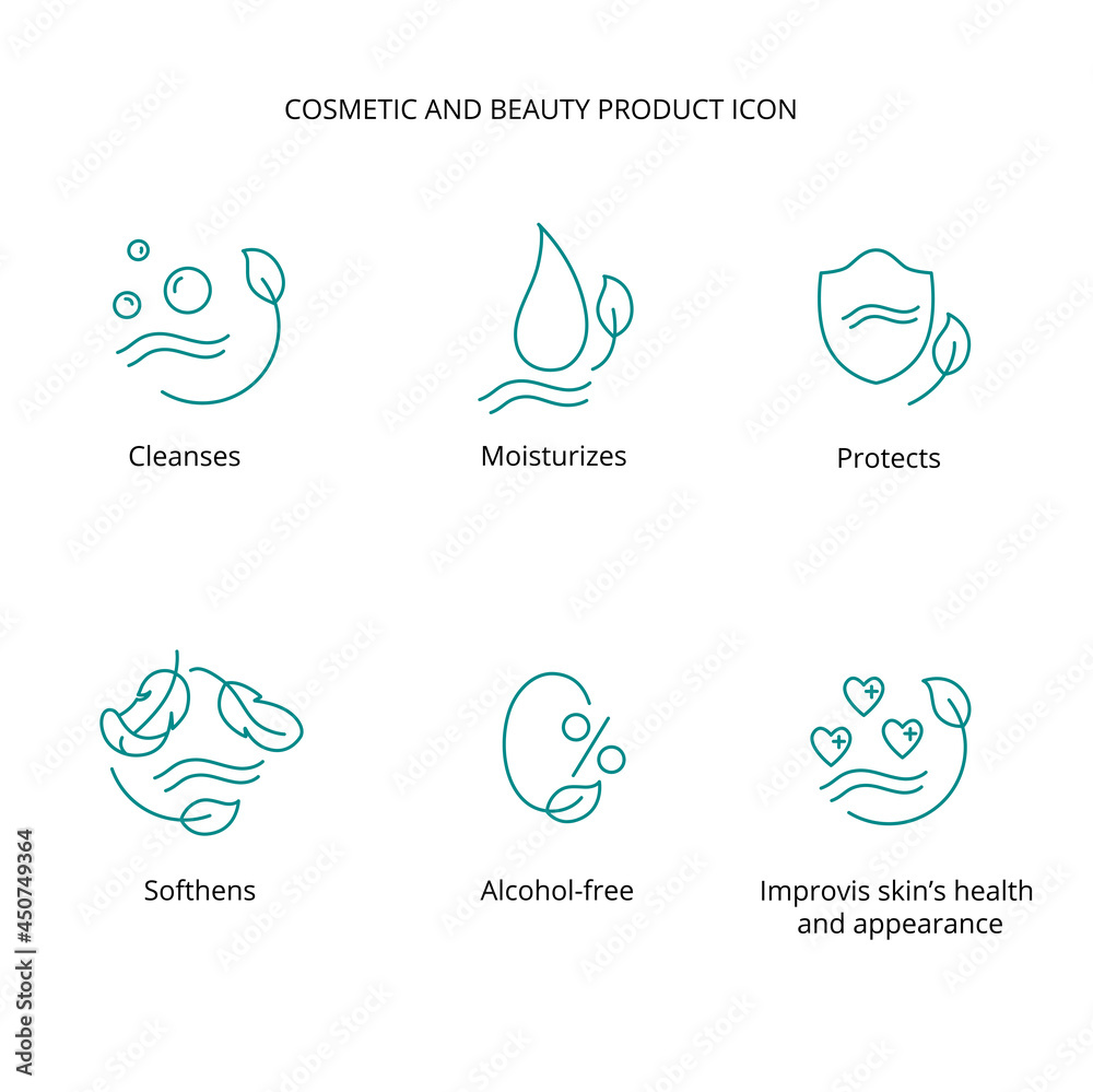 Beauty product, cream, face cleansing, makeup removing lotion, mask cosmetic and beauty tretment icon set for web, packaging design. Vector stock illustration isolated on white background. 