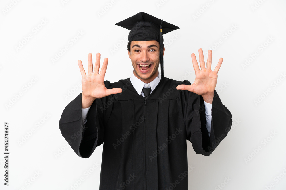 Young university graduate over isolated white background counting ten with fingers Young university graduate over isolated white background counting ten with fingers